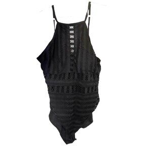 Time And Tru Black One-Piece Swimsuit High Neck Crochet Design Sz Large